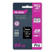 Карта памяти OLMIO microSDXC 64GB Extreme, UHS-I (U3) V30 A1, R:90MB/s, W:80MB/s, c адаптером