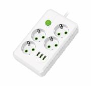 Сетевой удлинитель Amper 4,0м, 4 розетки, 10А, 2500 Вт, 3usb, белый.